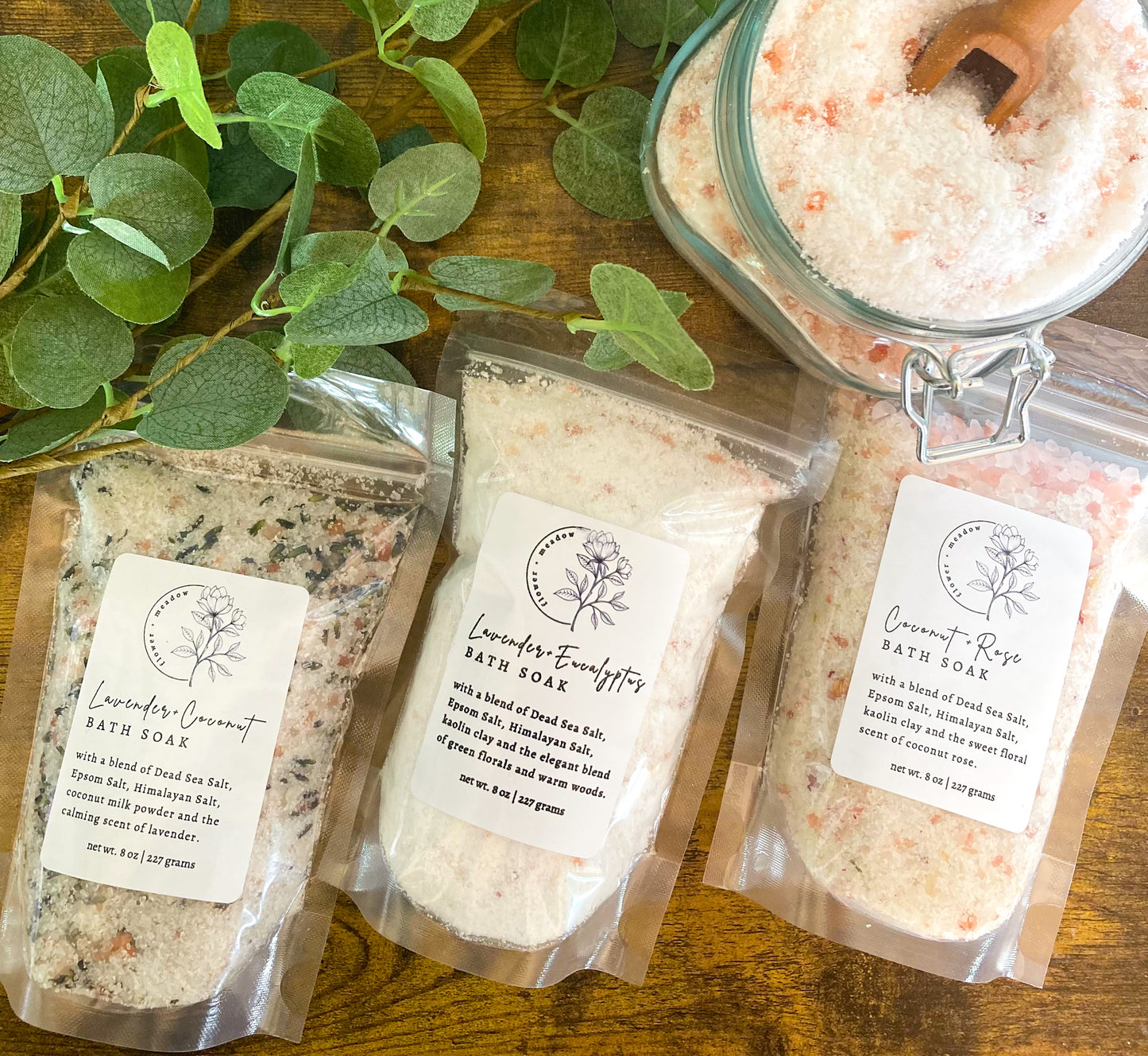 Set of 3 Bath Soak Gift Set- Lavender and Eucalyptus, Lavender, and Coconut Rose Bath Soaks